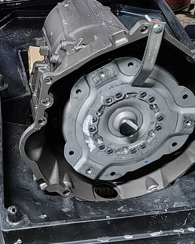 Picture of remanufactured automatic transmission is a crate ready to be installed.
